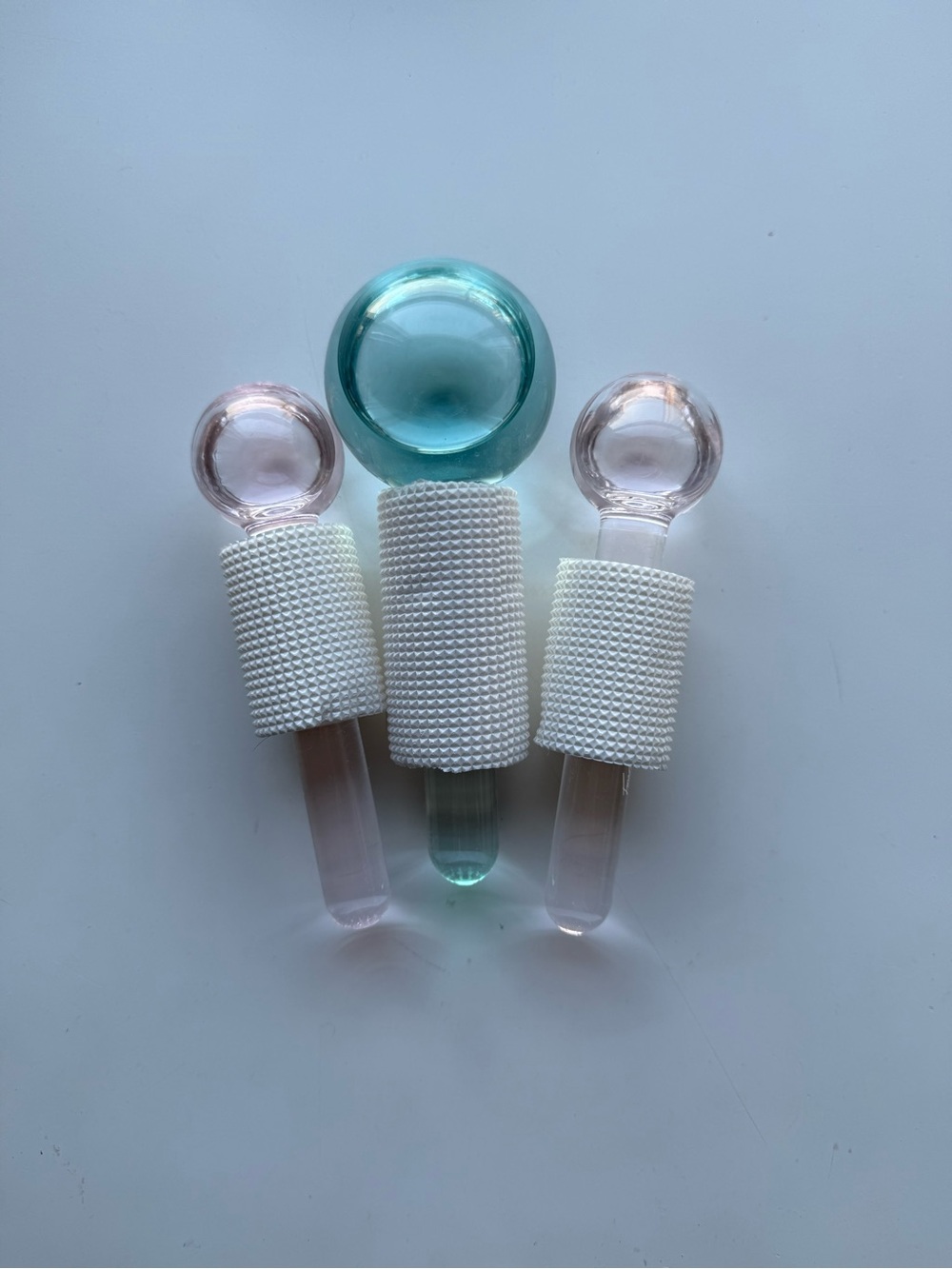 Glass Facial Globes Set in Aqua and Light Pink
